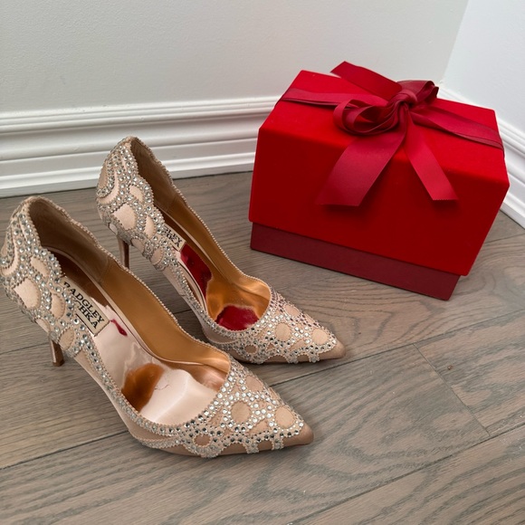 Badgely Mischka Rhinestone Embellishment Nude Pointed Toe Pump Women’s 8 LikeNew - Picture 2 of 8